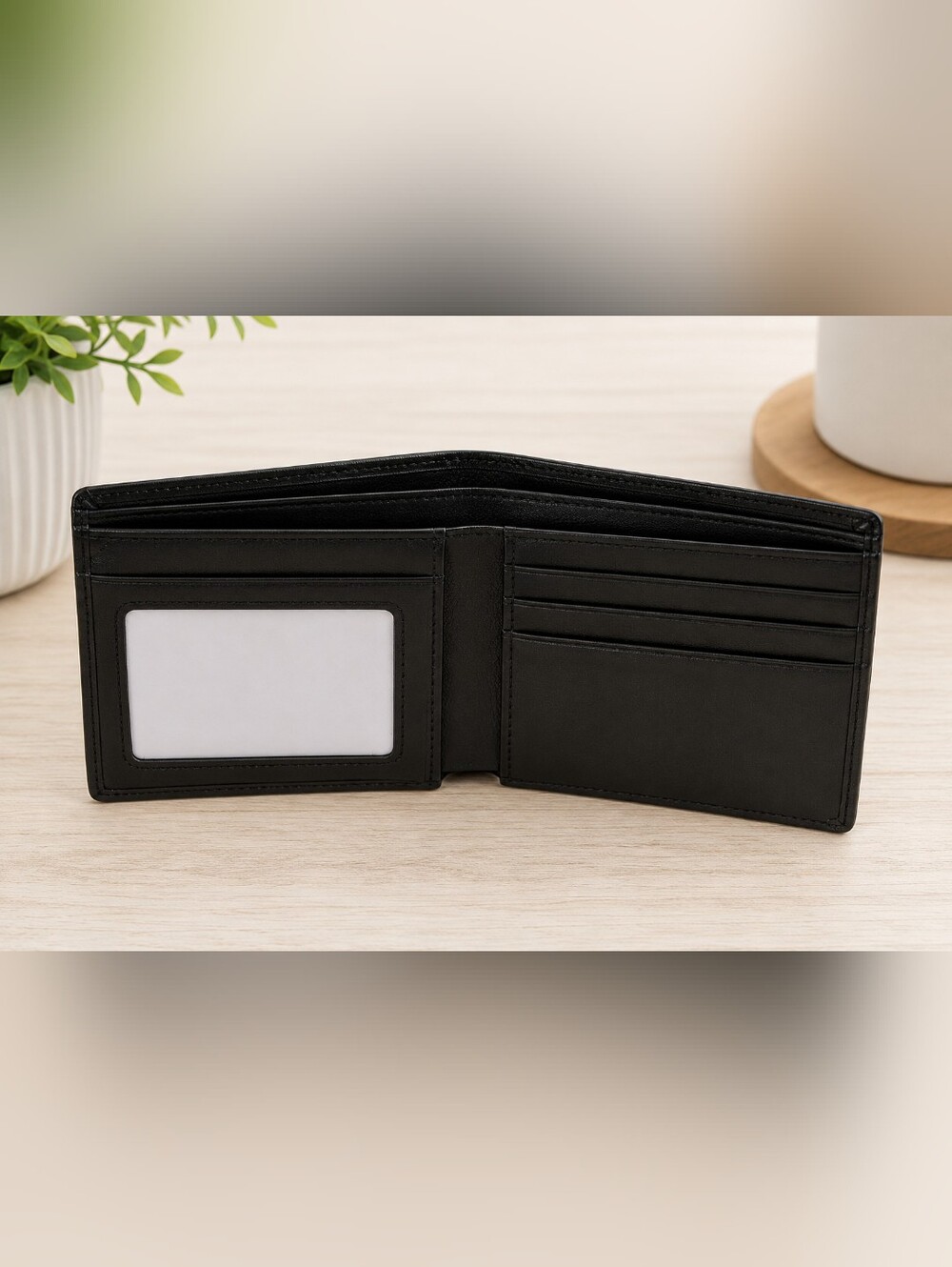 Men's Black Faux Leather Bifold Wallet ID Window Card Holder 2 Cash Compartments